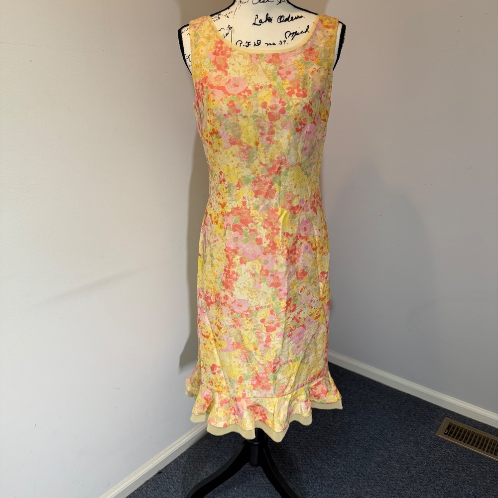 Nipon Boutique Floral Jacquard Ruffle Hem Midi Dress Yellow Pink Orange Size 6